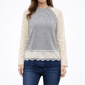 Michelle Kim Sweater Womens XS Gray Knit Navy Cream Lace Delicate Coquette Twee